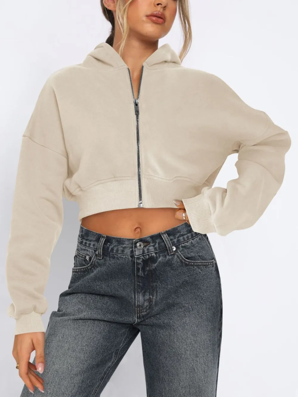 Zip Up Long Sleeve Hooded Cropped Jacket, image 13