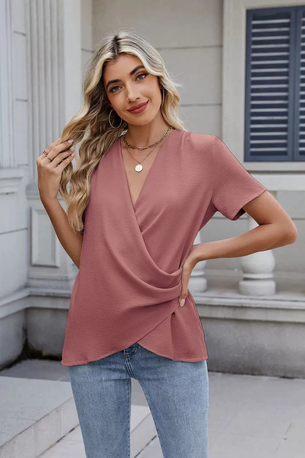 Solid Color Surplice Short Sleeve Blouse, image 5