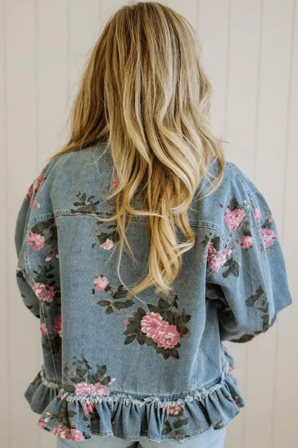 Floral Print Denim Jacket with Ruffled Hem, image 2