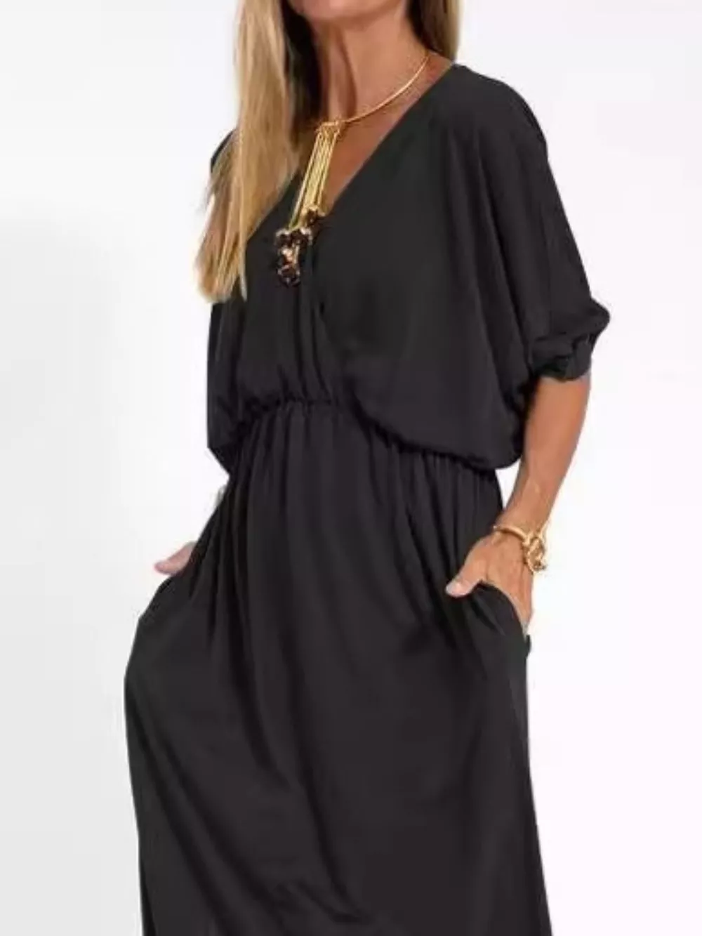 Full Size V-Neck Batwing Sleeve Maxi Dress with Side Slits Plus Size, image 8