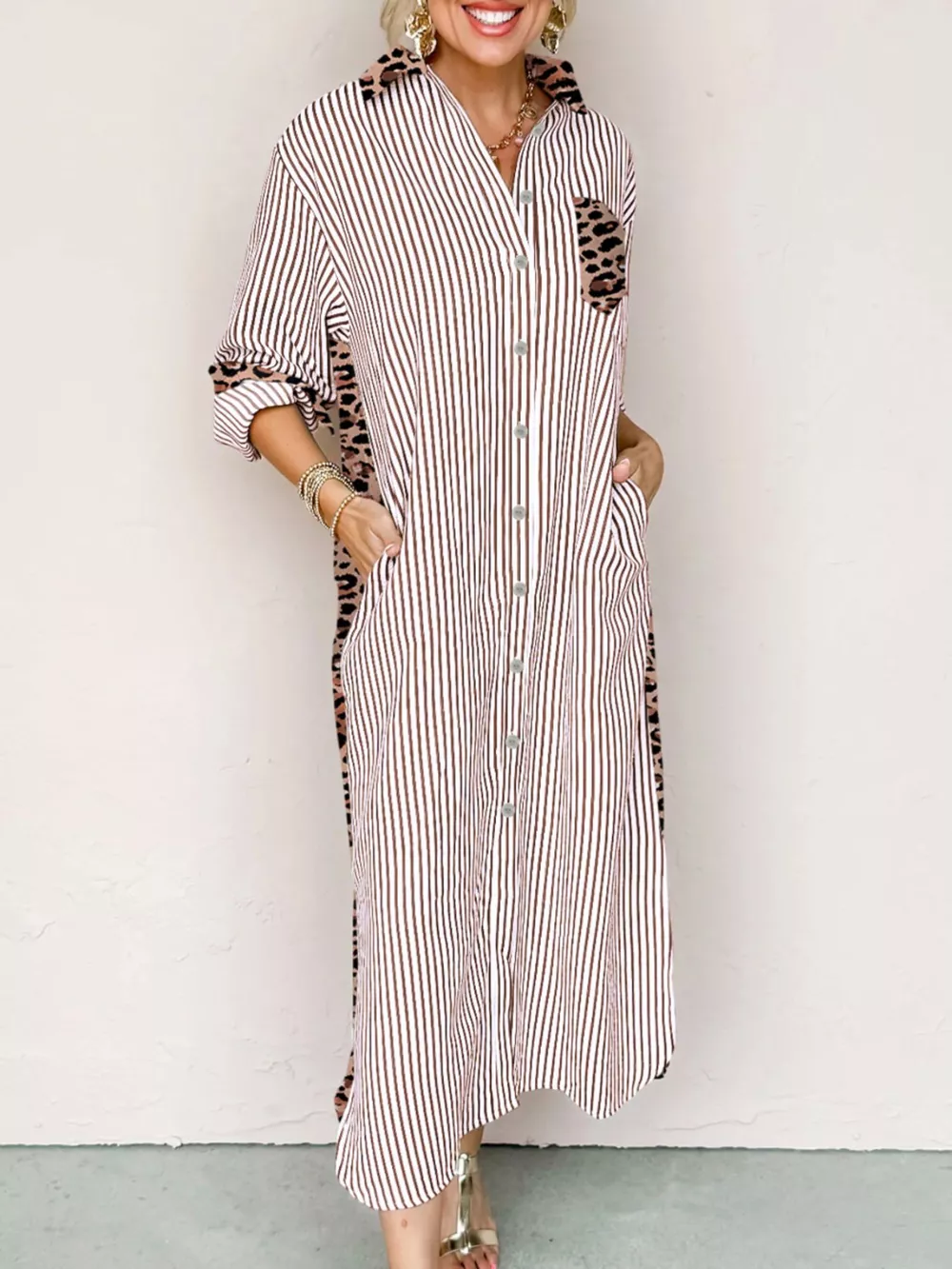 Striped Leopard Print Button Up Shirt Dress