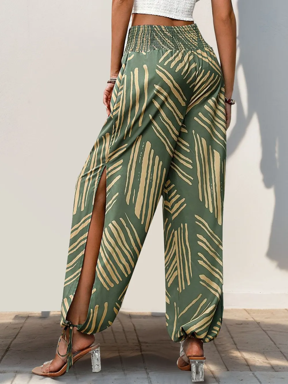 Smocked Slit Printed High Waist Pants, image 5