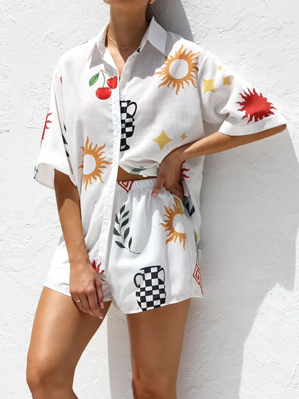 Printed Button Up Top and Shorts Set, image 7