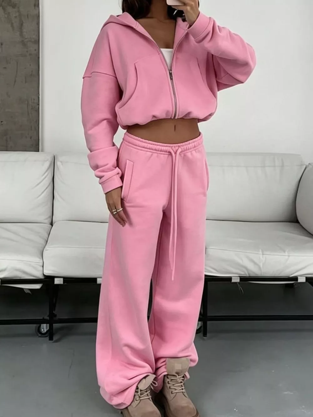Casual Zip-Up Hoodie and Wide-Leg Sweatpants Set, image 13