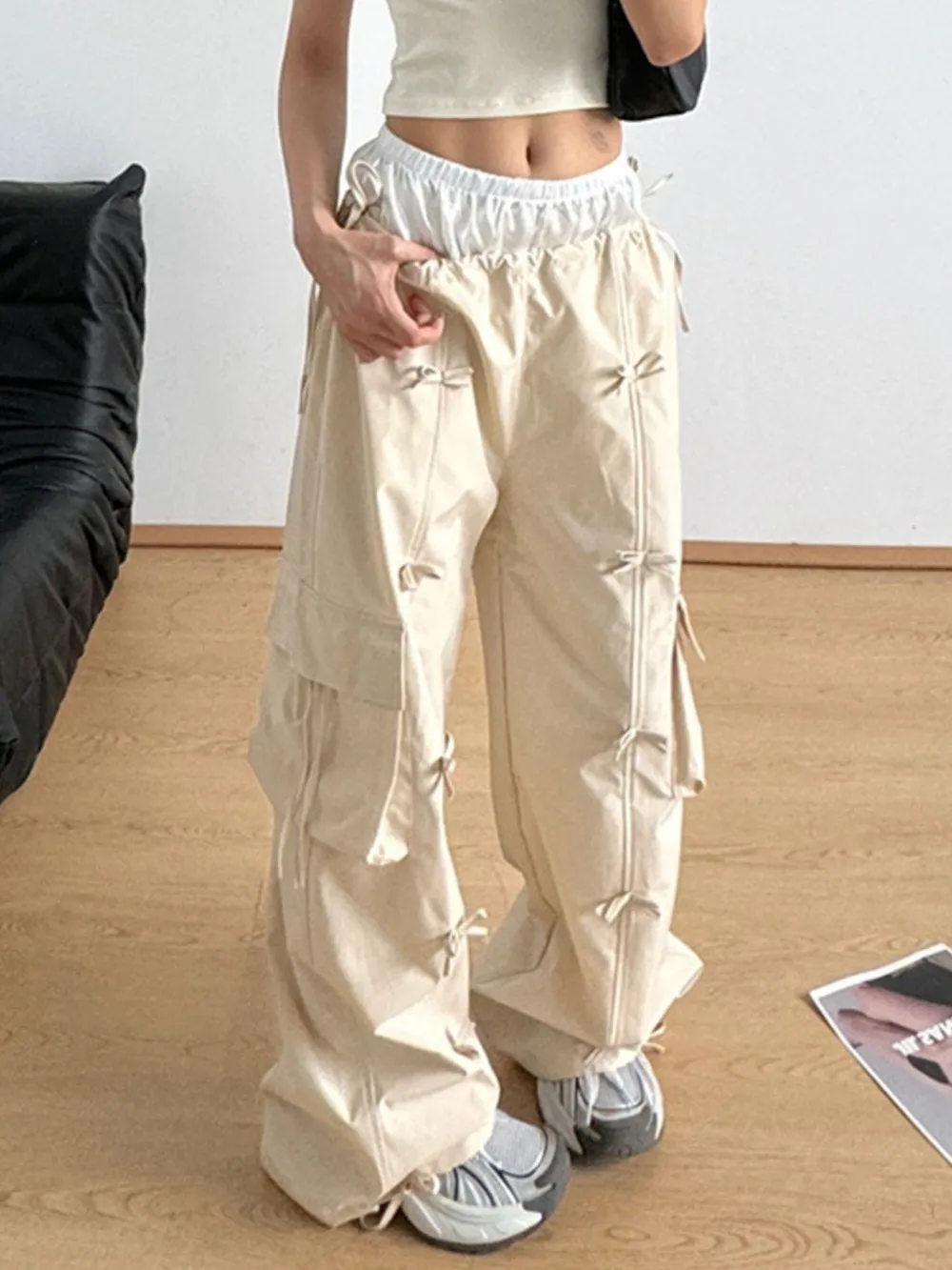 Bow Elastic Waist Cargo Pants, image 7