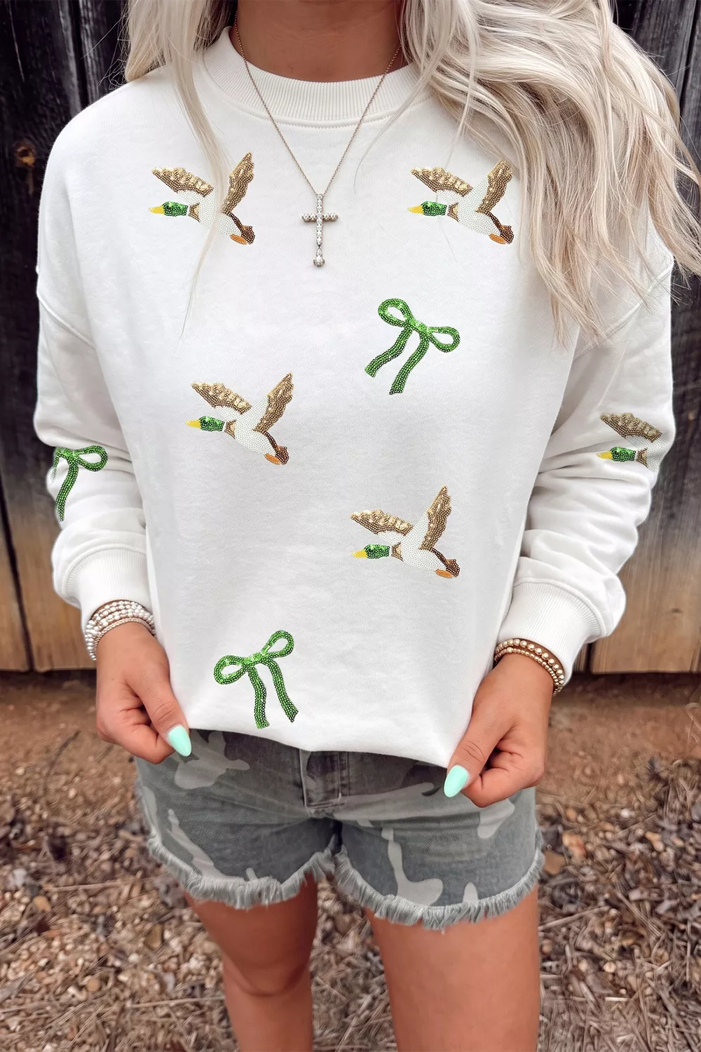 Sequin Mallard Bow Crewneck Pullover Sweatshirt, image 2