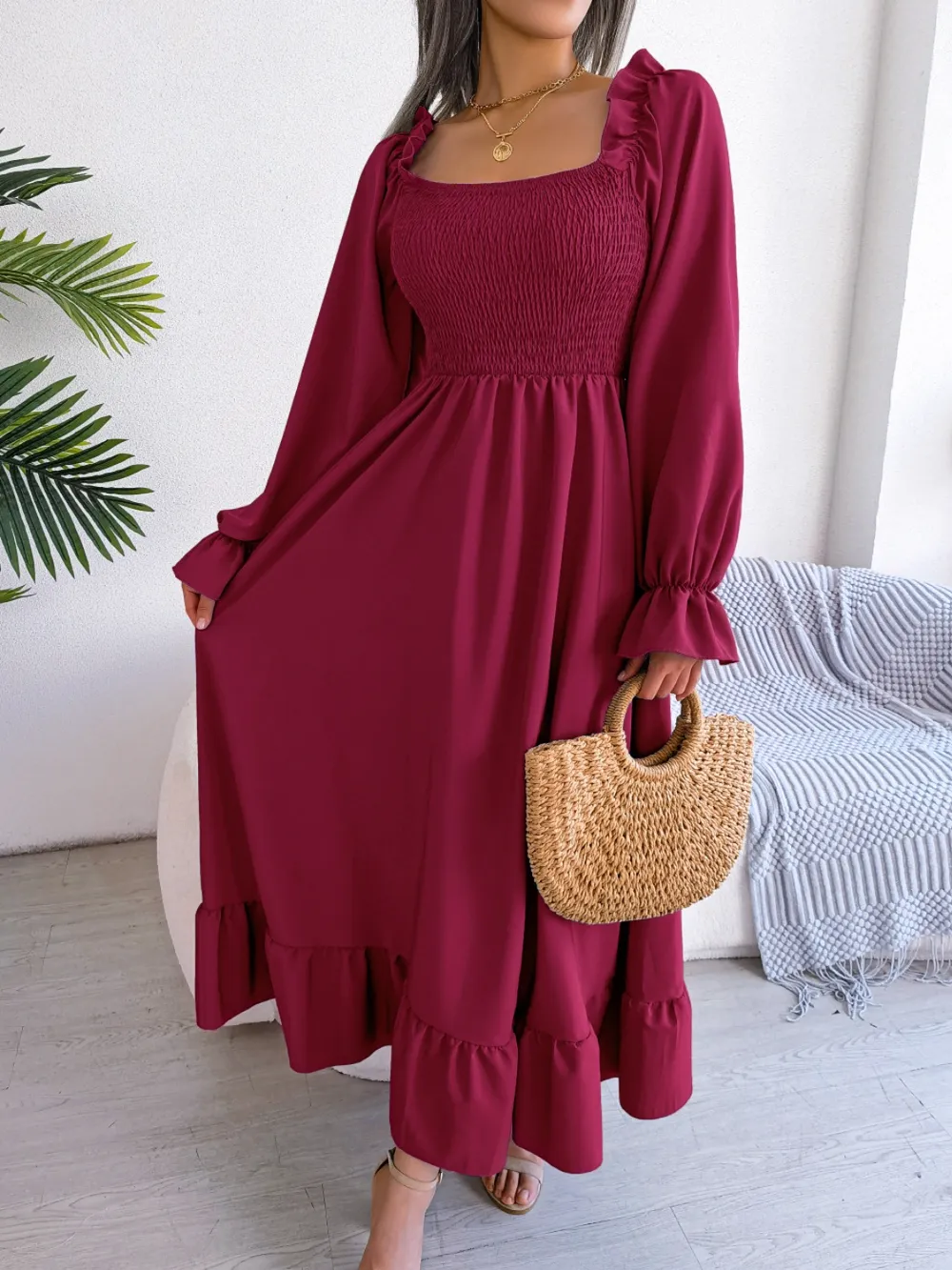 Smocked Square Neck Flounce Sleeve Dress, image 26