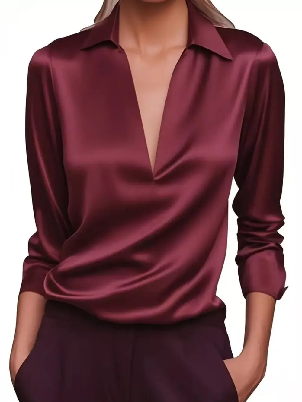 Satin Johnny Collar Long Sleeve Blouse, image 10