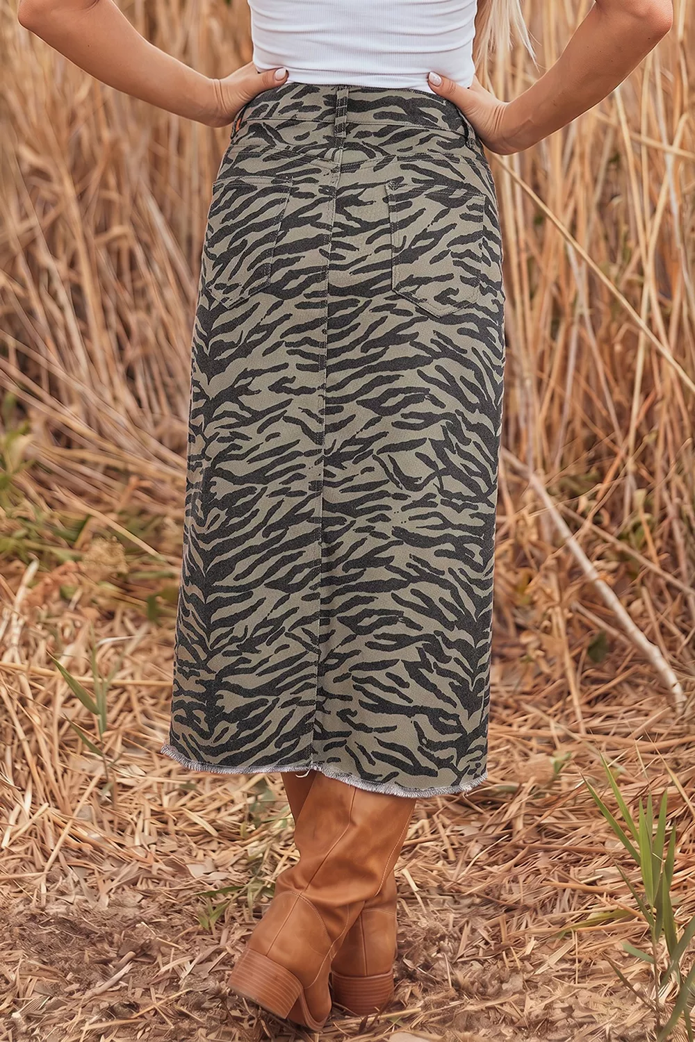 Animal Print Side Split Frayed Hem Denim Midi Skirt, image 2