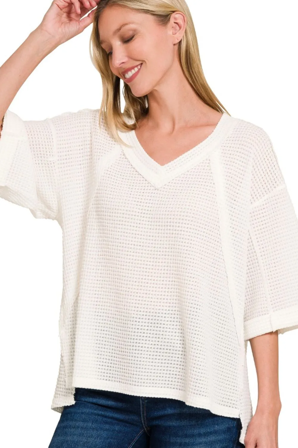 Brushed Waffle Exposed-seam 3/4 Sleeve Top, image 2