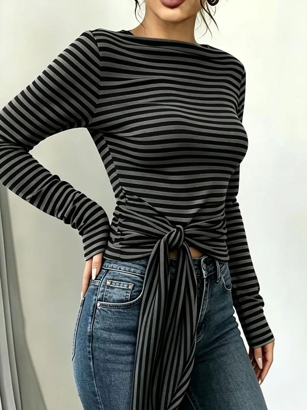 Long Sleeve Striped T-Shirt with Front Tie Detail, image 3
