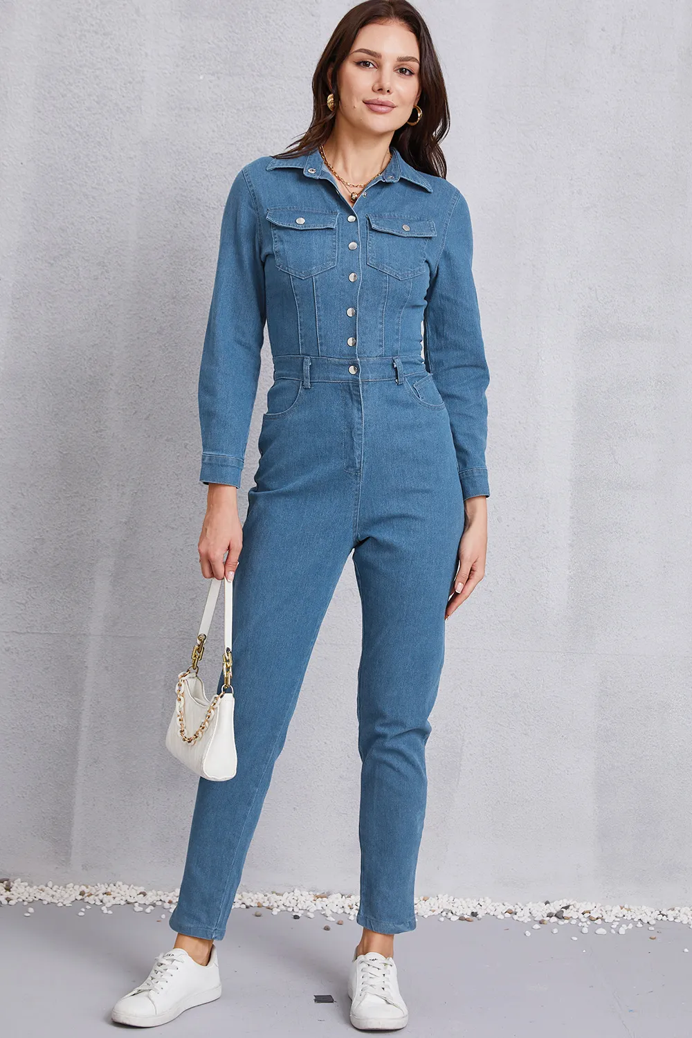 Snap Down Denim Jumpsuit with Pockets, image 6