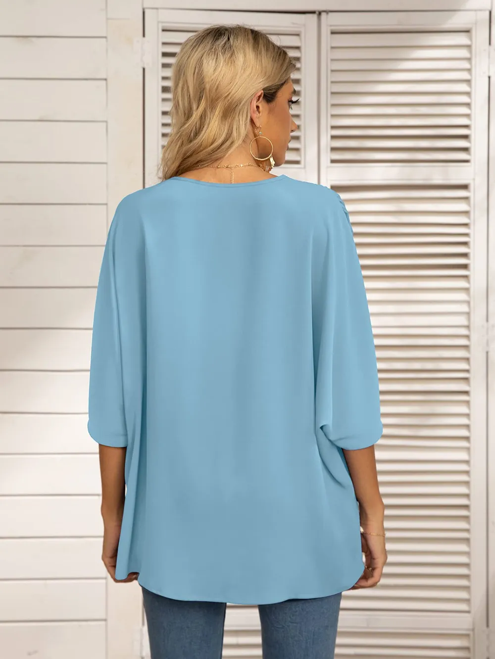Printed Trim V-Neck Batwing Sleeve Blouse, image 7