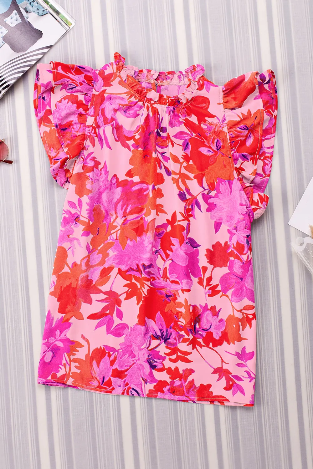Frill Floral Mock Neck Cap Sleeve Blouse, image 5