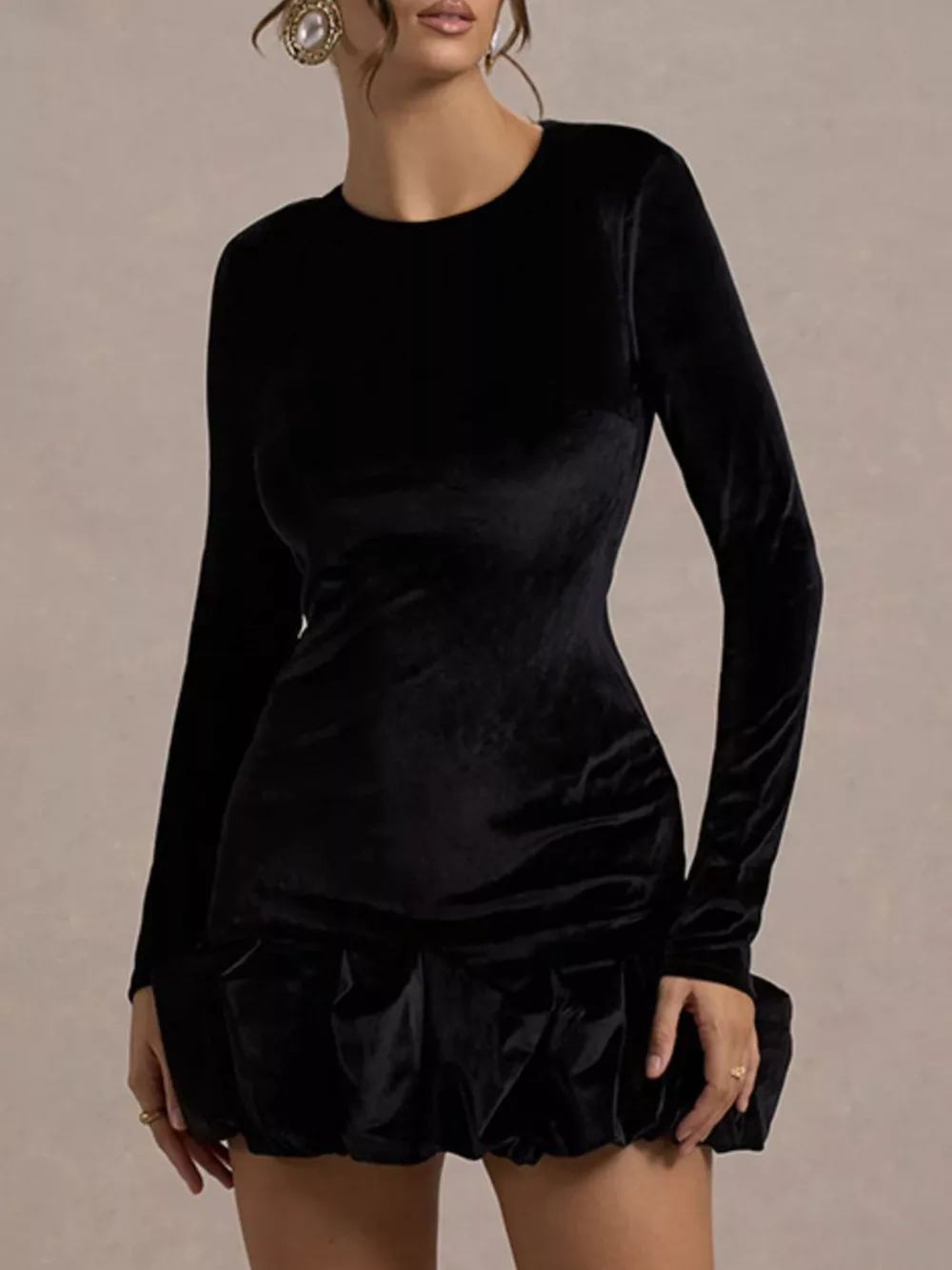 Velvet Ruched Hem Long Sleeve Dress, image 3