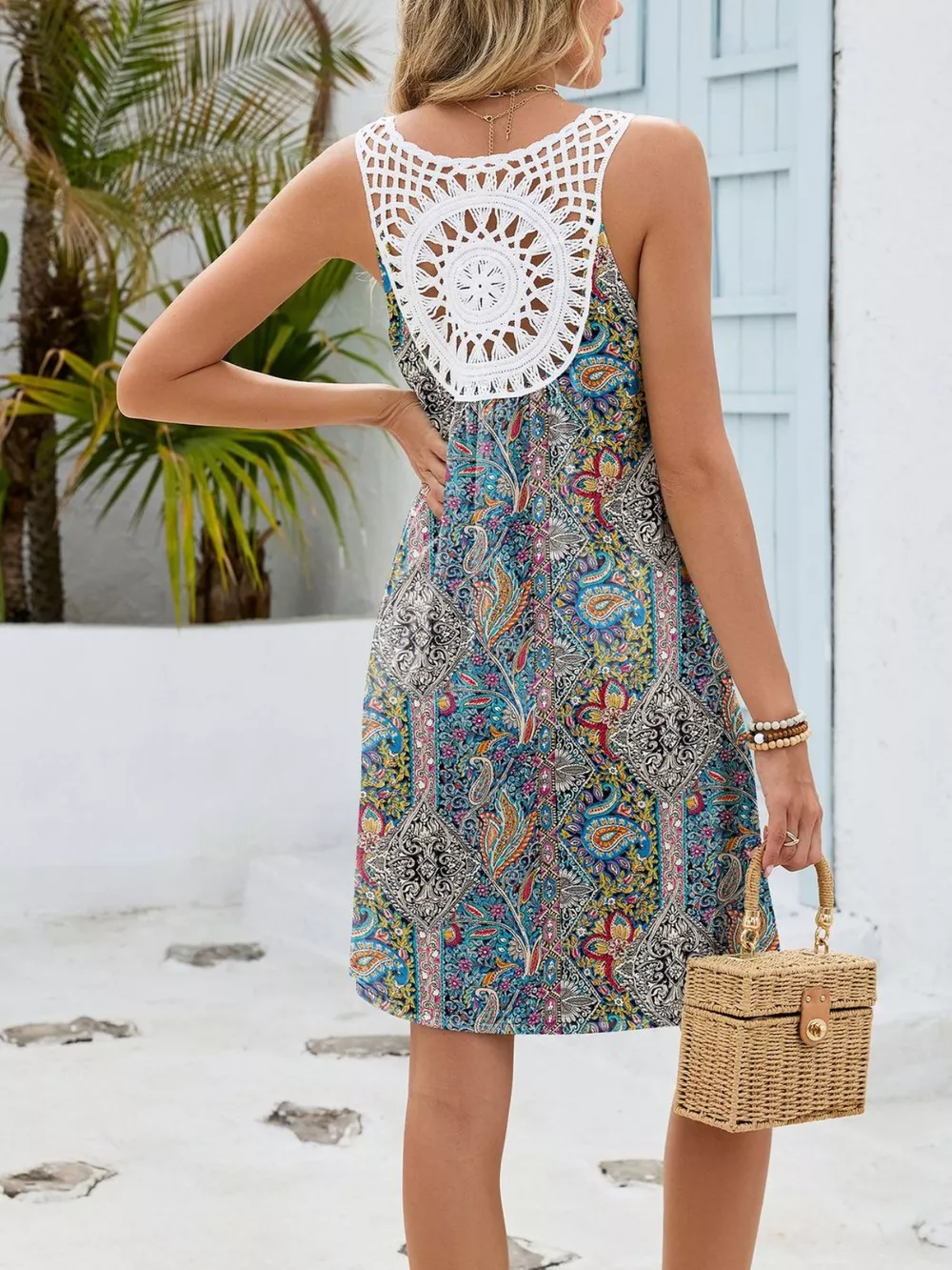 Floral Print V-Neck Crochet Back Mini Dress, image 10