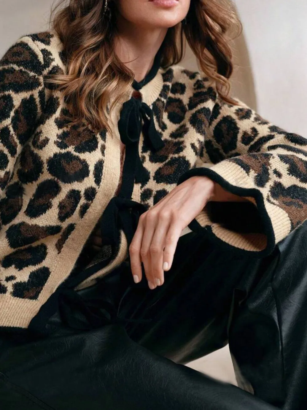 Leopard Print Bow-Tie Front Cropped Cardigan, image 5