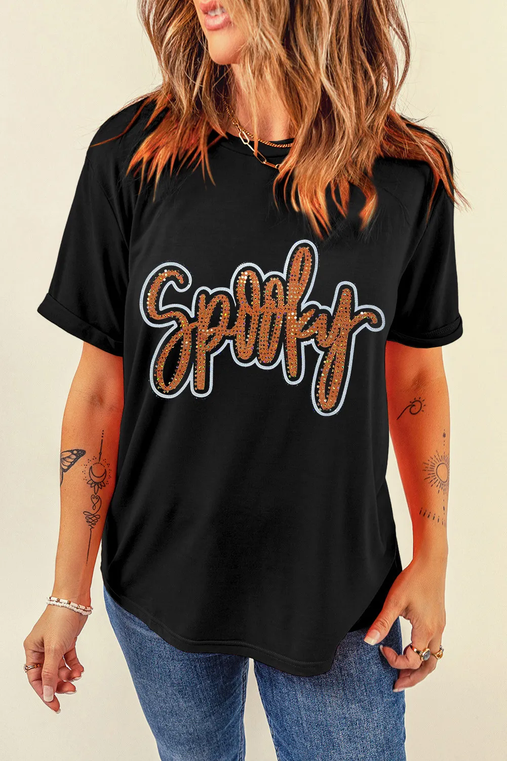 Rhinestone Letter Round Neck Short Sleeve T-Shirt, image 4