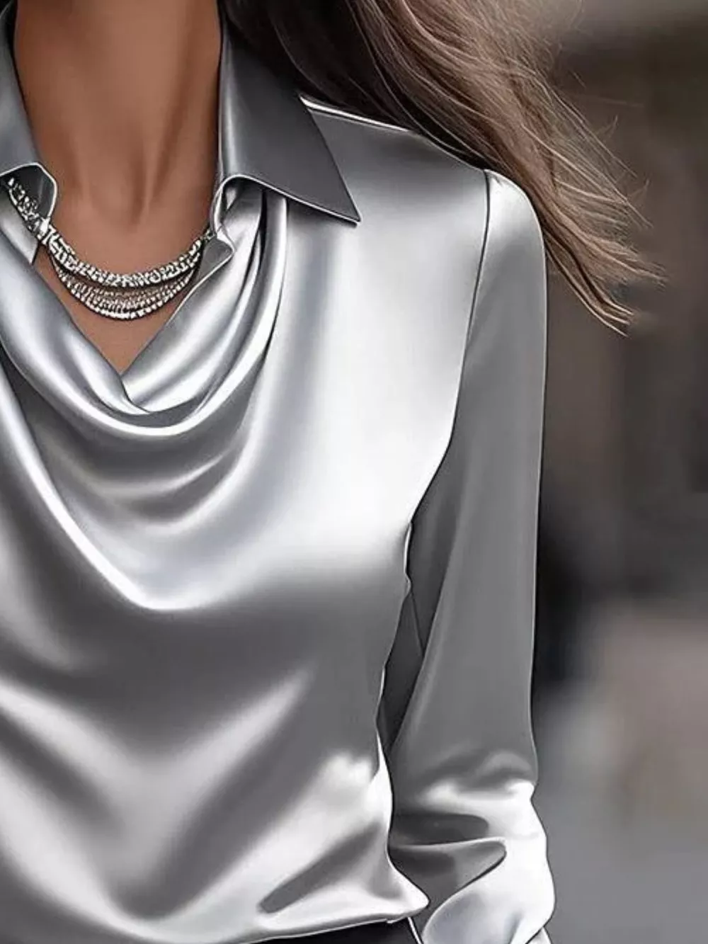 Ruched Long Sleeve Drape Collar Blouse, image 14