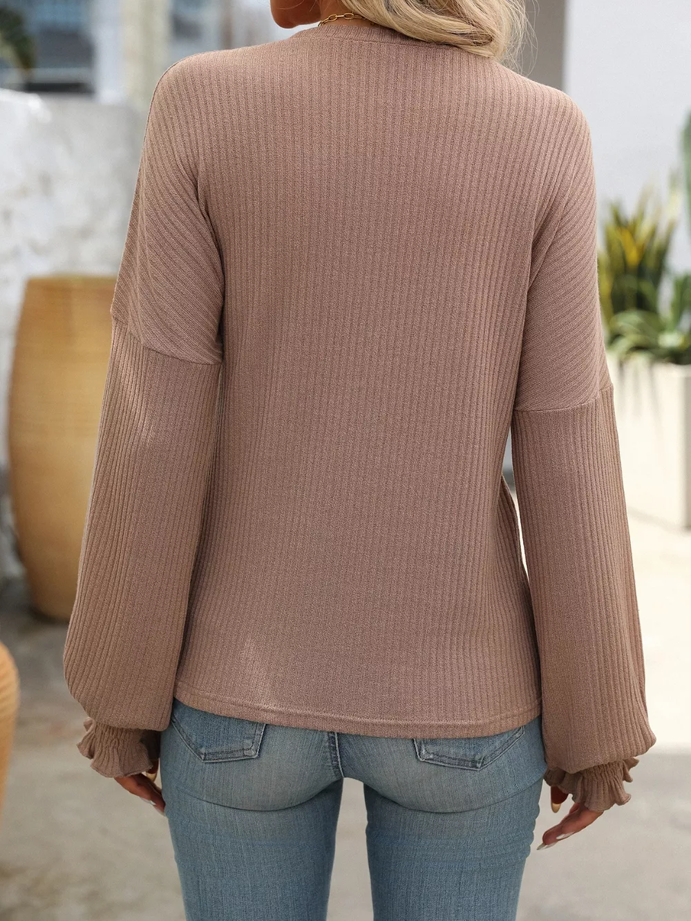 Ribbed Knit Ruffle Cuff T-Shirt, image 6