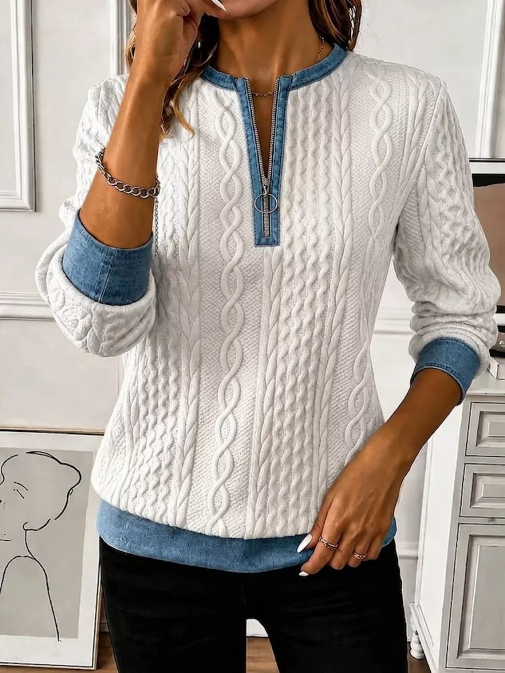 Full Size Denim Contrast Trim Quarter Zip Texture Sweatshirt Plus Size, image 9
