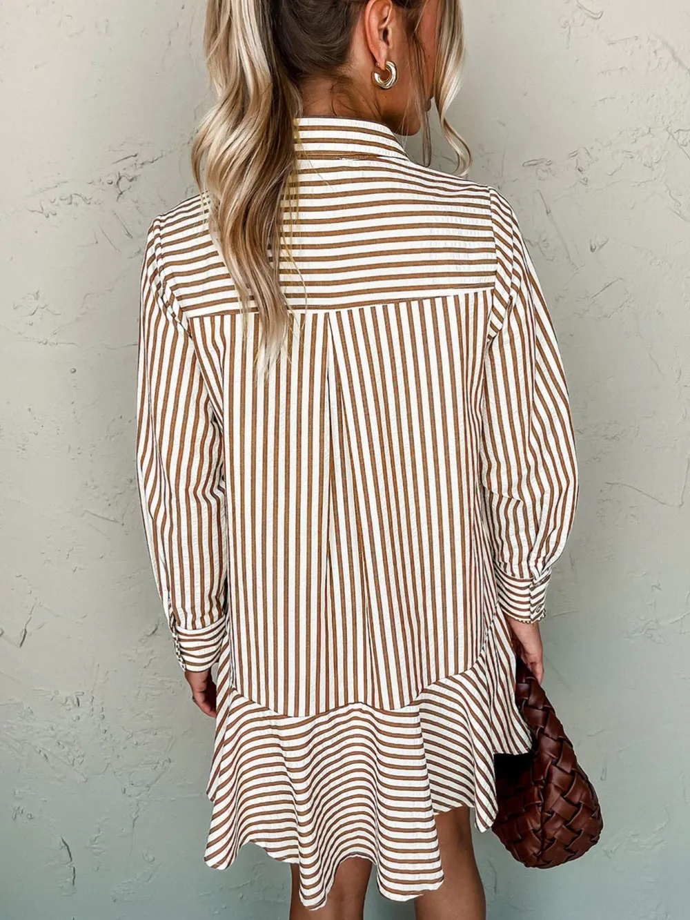 Stripe Ruffled Hem Collared Long Sleeve Shirt Mini Dress, image 3