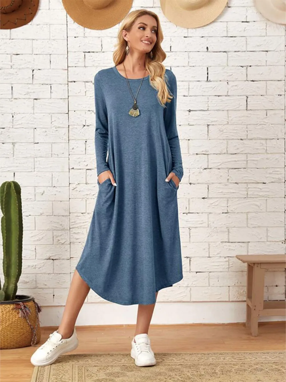Pocketed Round Neck Long Sleeve Tee Dress, image 15