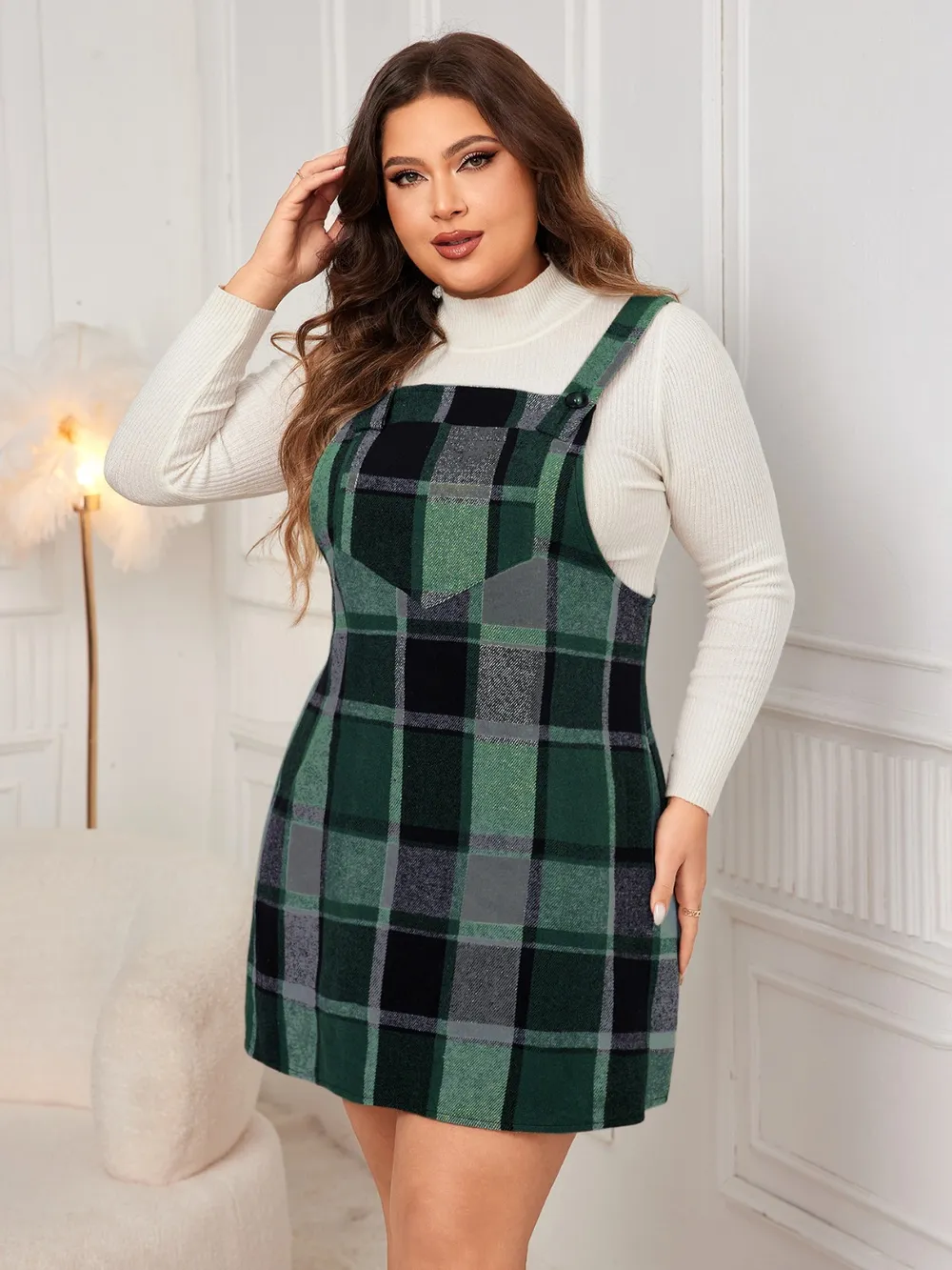 Plus Size Plaid Wide Strap Overall Dress, image 15