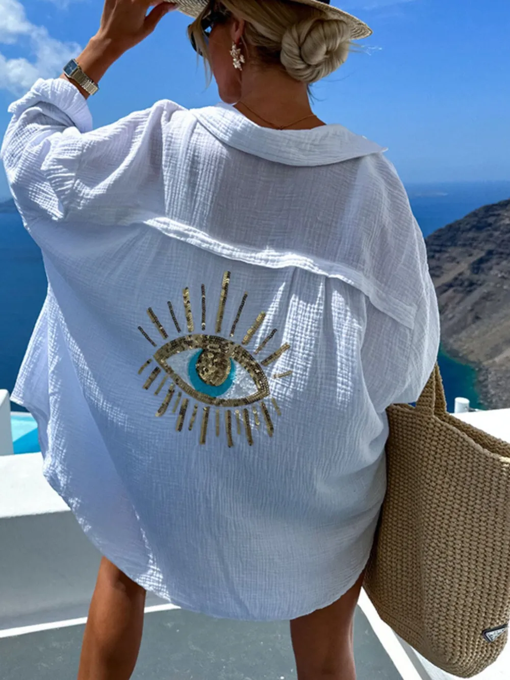 Evil Eye Embroidered Oversized Shirt, image 5