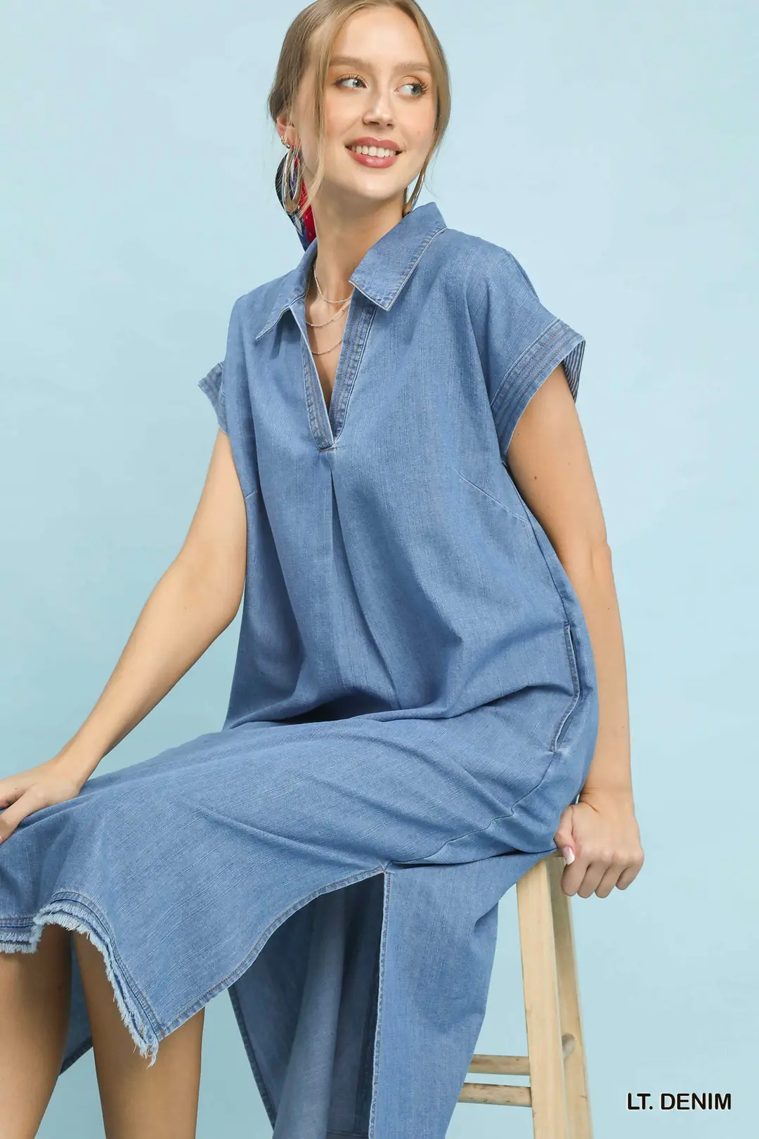 Stone Washed Collared Denim Midi Dress, image 4