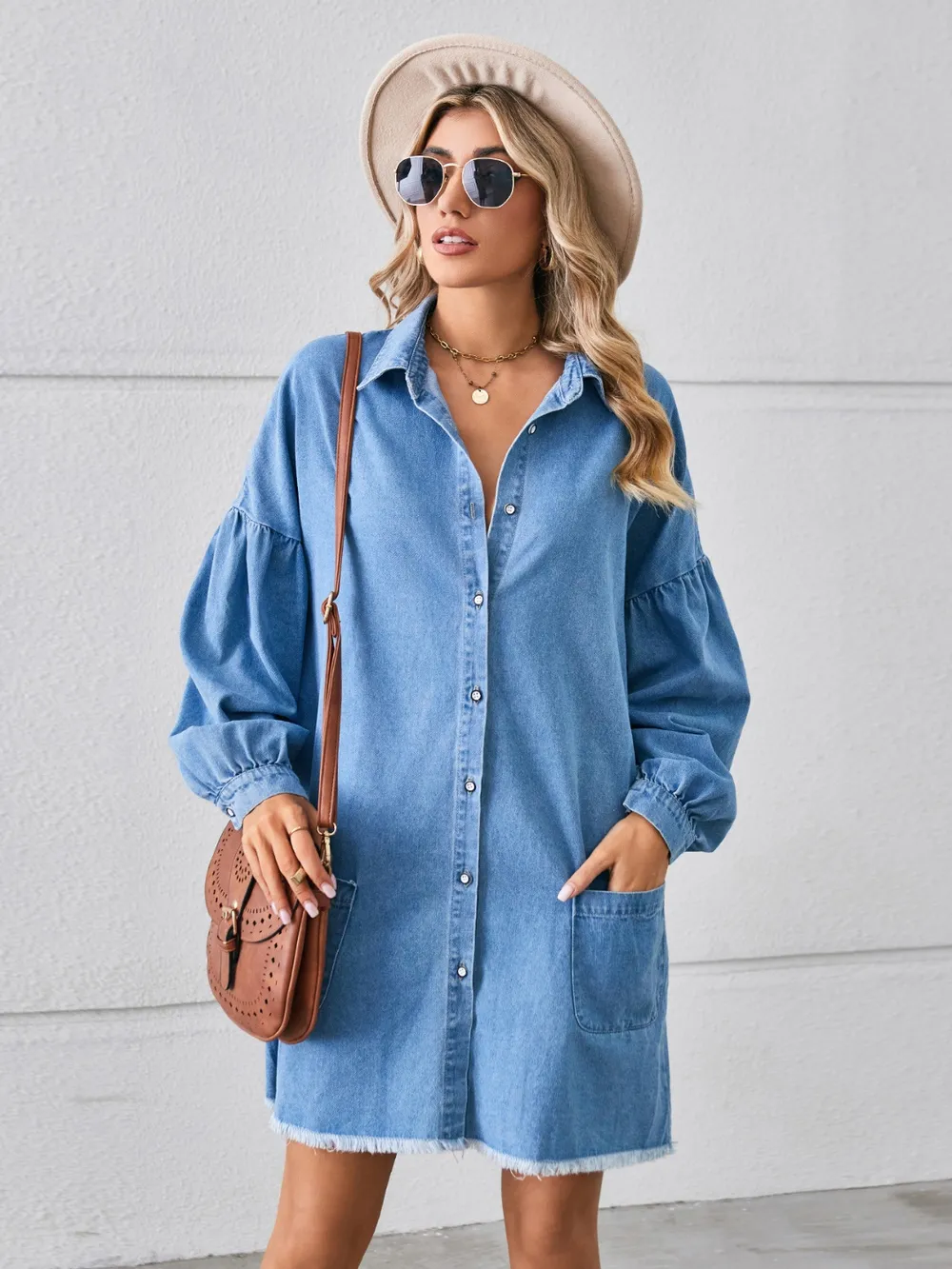Button Up Pocketed Raw Hem Denim Dress, image 8