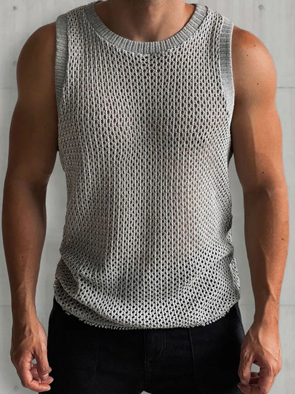 Men's Round Neck Hollow Out Sleeveless Knit Top, image 6
