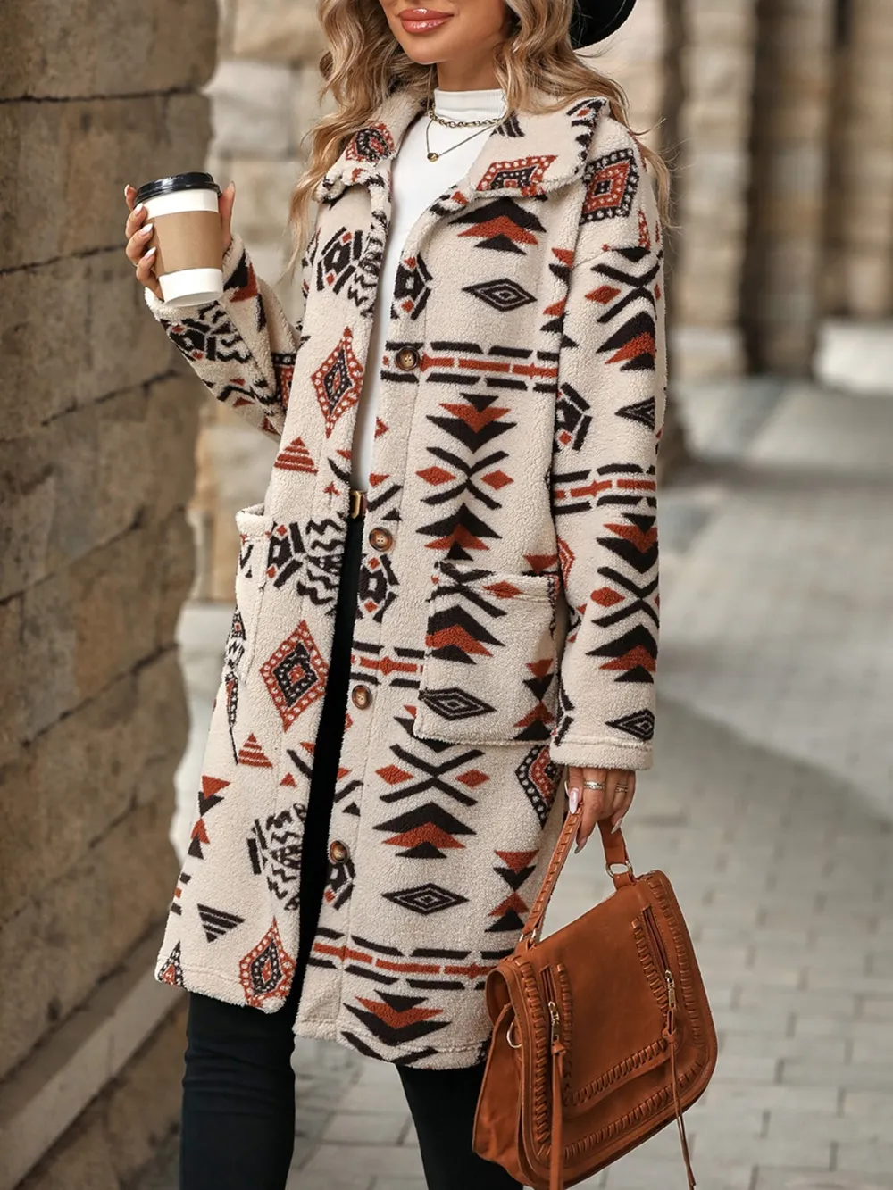 Geometric Pocketed Dropped Shoulder Coat, image 3