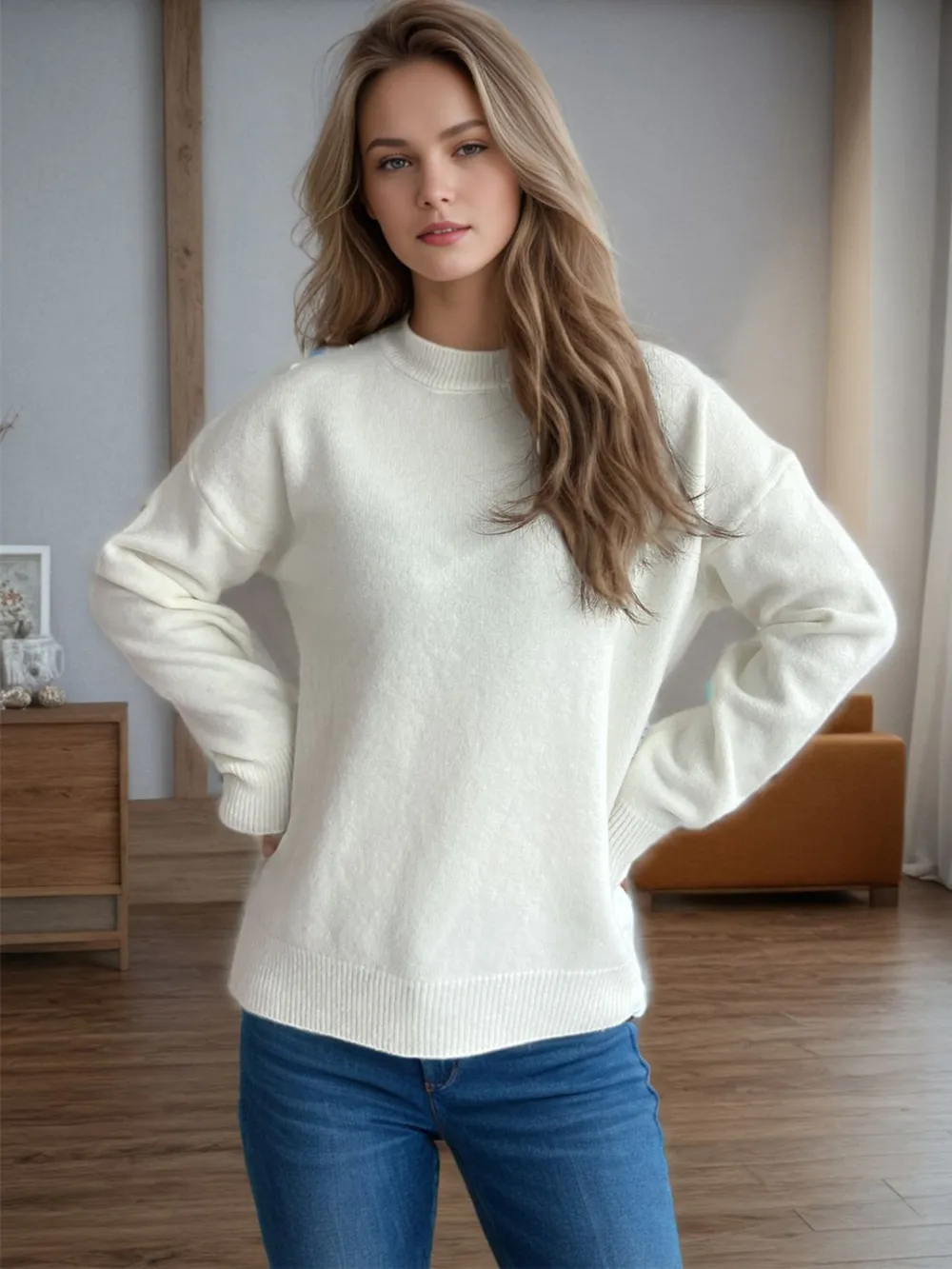 Round Neck Drop Shoulder Long Sleeve Sweater, image 8