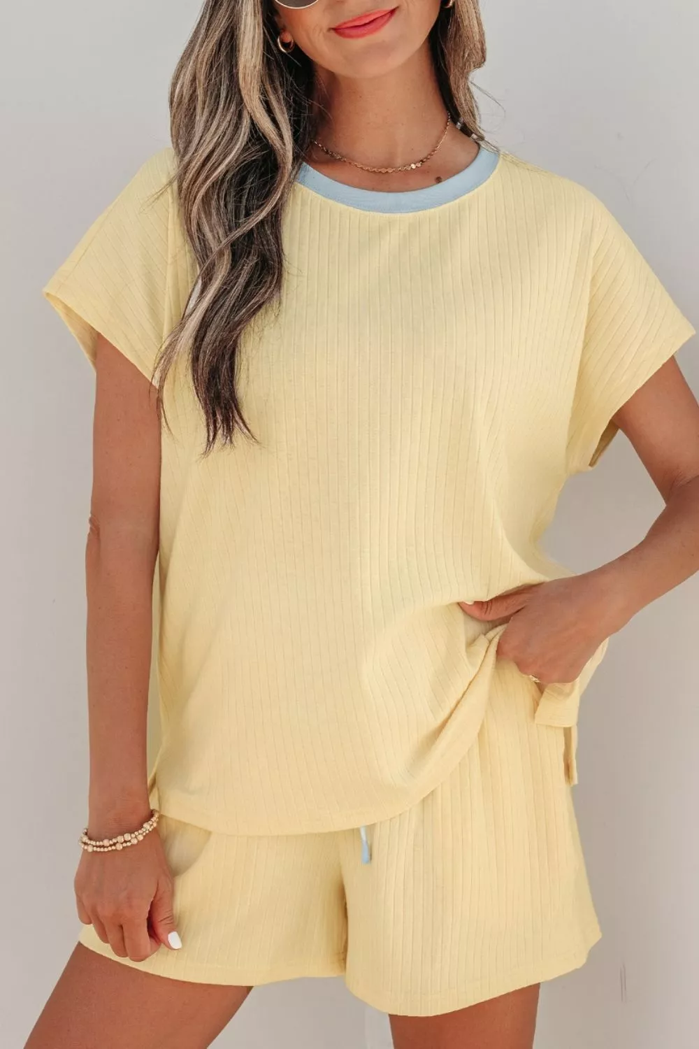 Soft Ribbed Color Block Trim Casual Short Set, image 4