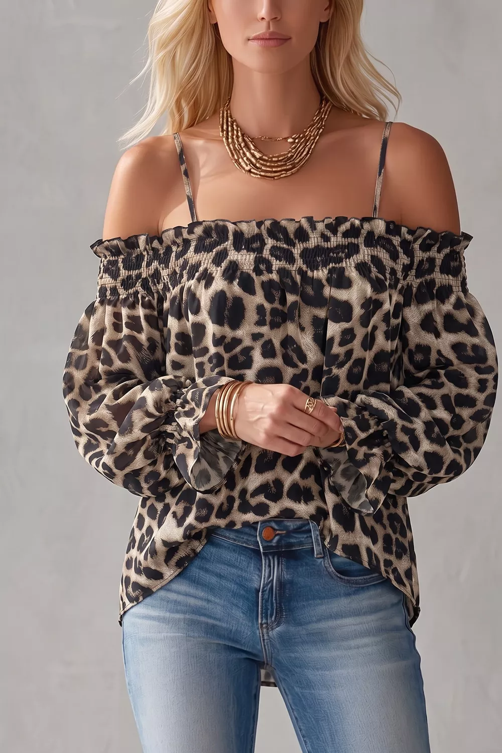 Spaghetti Strap Leopard Long Sleeve Blouse, image 4