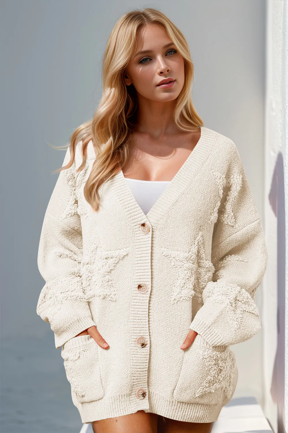 Full Size Button Up Star Pattern Cardigan