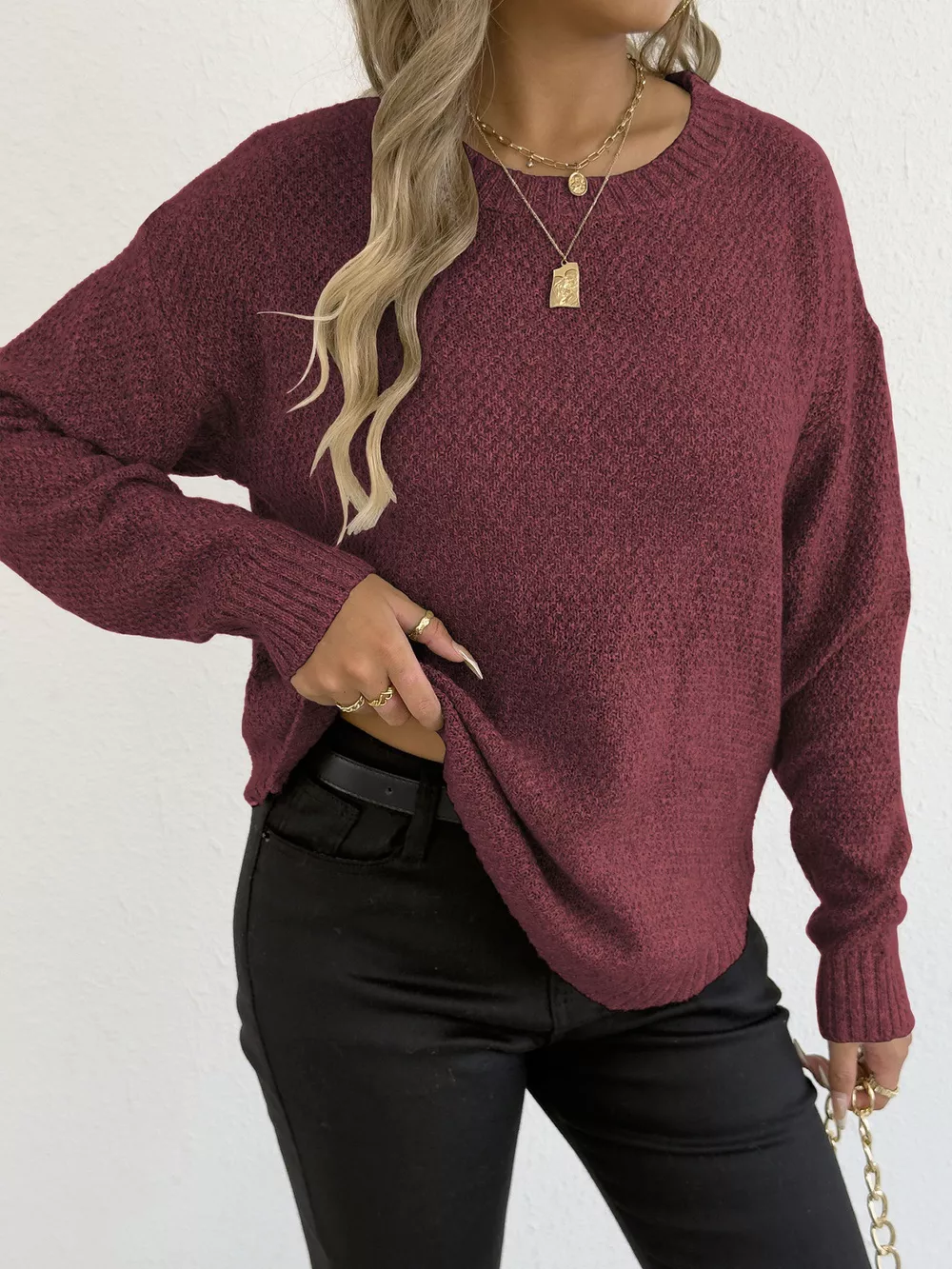 Textured Knit Relaxed Fit Round Neck Sweater, image 21