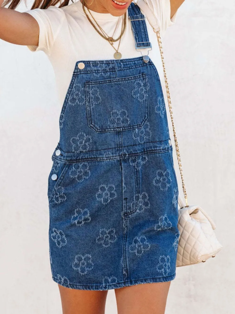 Flower Wide Strap Denim Overall Dress with Pockets, image 3