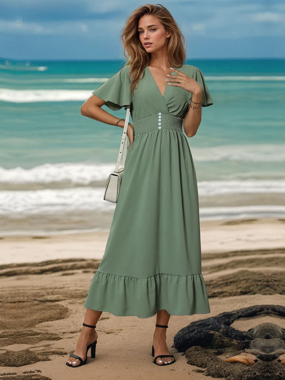 Surplice Flutter Sleeve Midi Dress, image 3