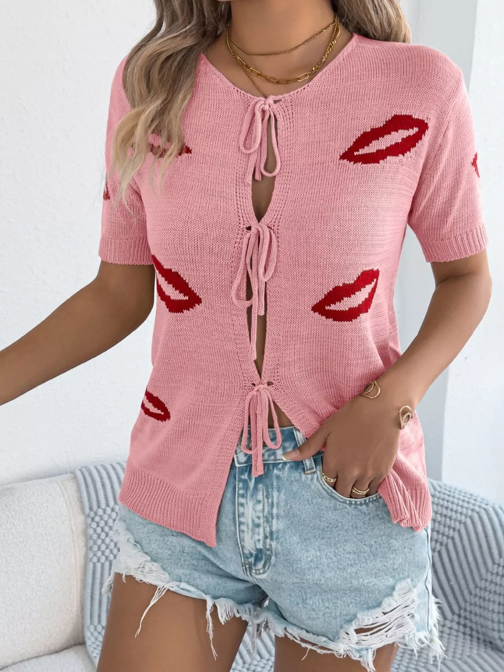 Lips Tie Front Knit Cardigan, image 11