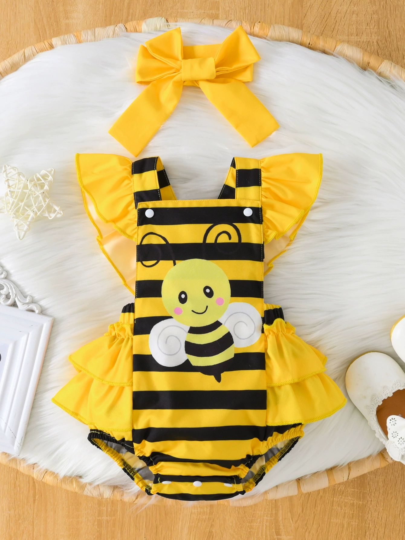 Children's Bee Striped Ruffle Bodysuit Dress with Headband