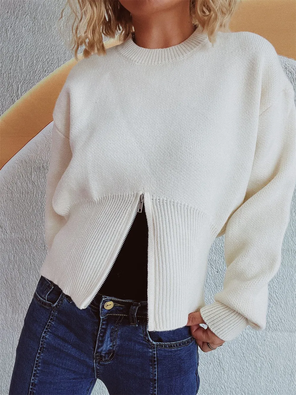 Round Neck Half Zip Long Sleeve Sweater, image 6