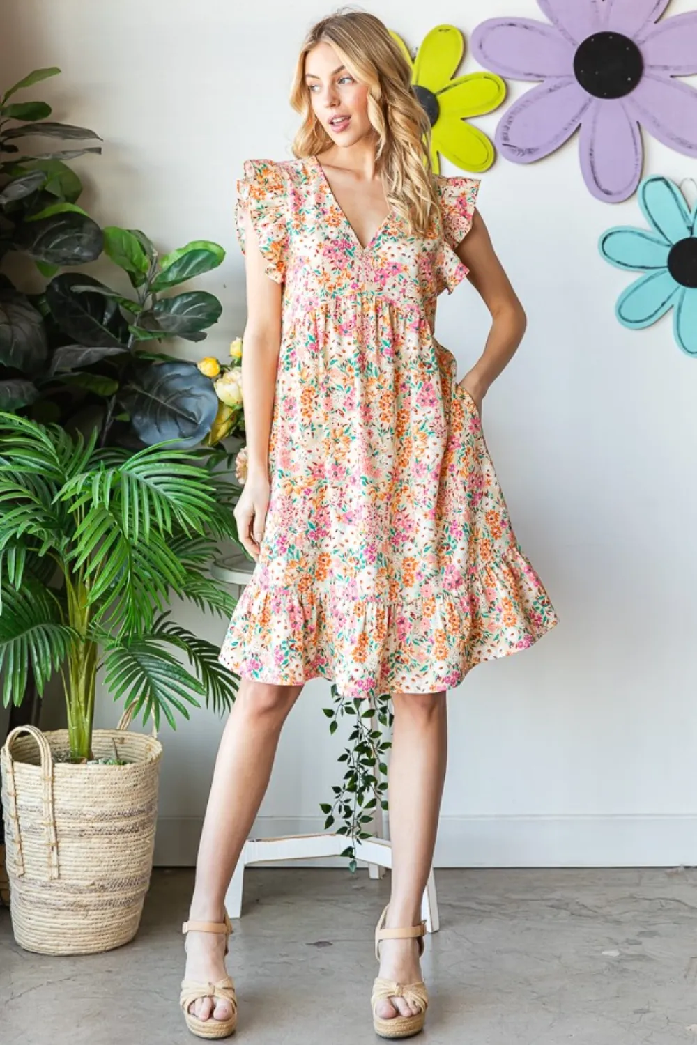 Full Size Floral Ruffled V-Neck Dress, image 5