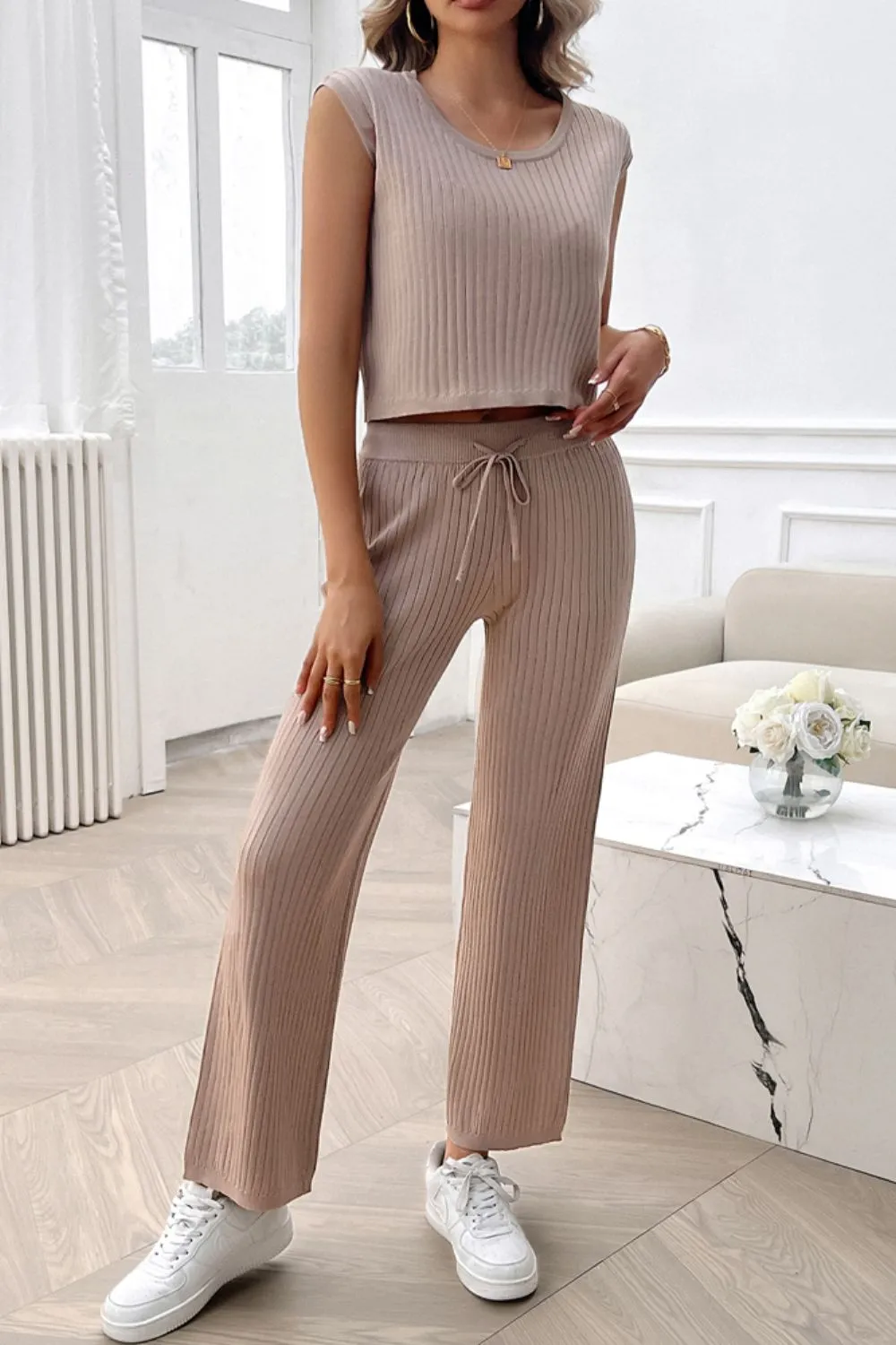 Ribbed Round Neck Top and Pants Set, image 2