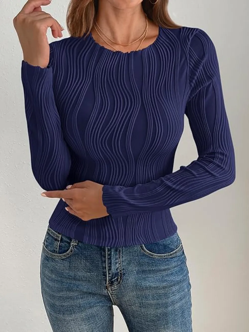 Textured Round Neck Long Sleeve Top, image 10