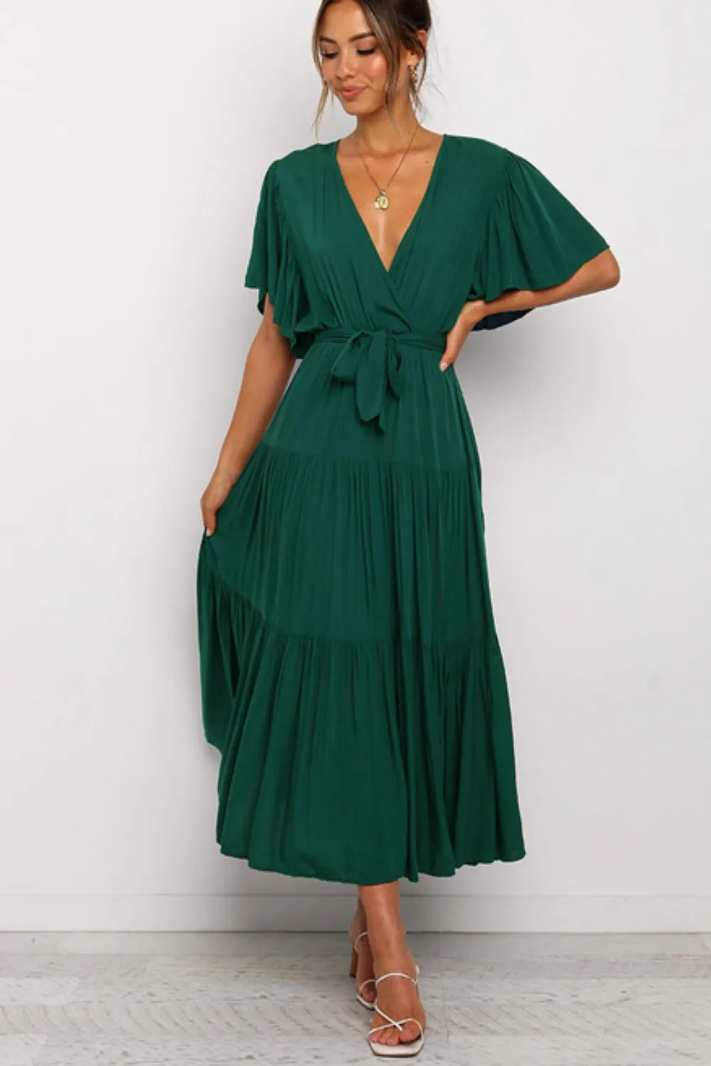 Front Tie Short Sleeve Tiered Midi Dress, image 12