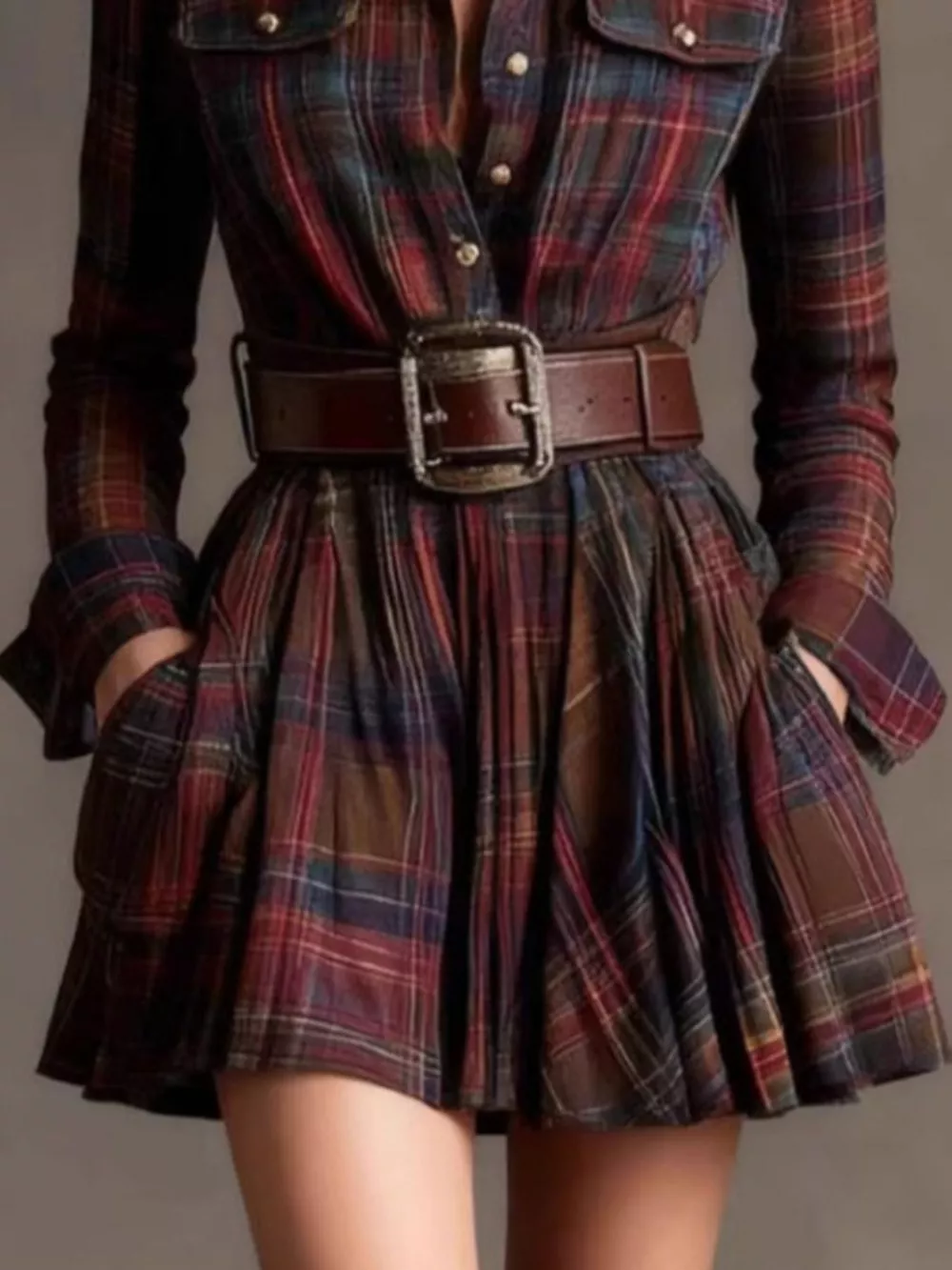 Plaid Long Sleeve Shirt Dress, image 2