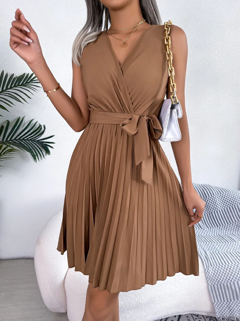 Tied Surplice Sleeveless Pleated Dress, image 16