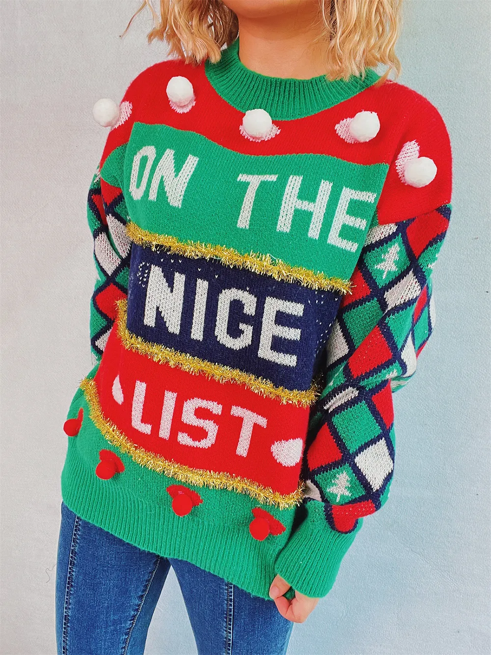 Pom-Pom Contrast Round Neck Long Sleeve Sweater, image 5